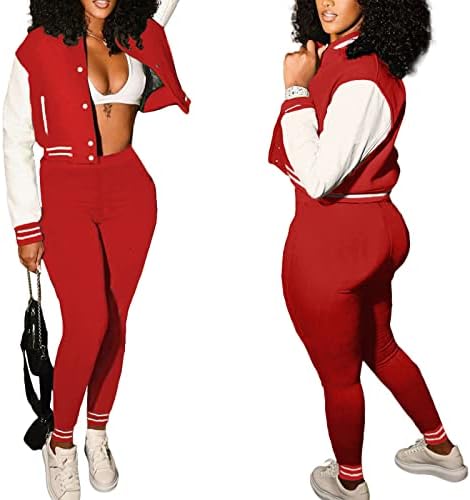 WOKANSE kadın 2 Parça Kıyafet Düğme Ceket Üstleri ve Sweatpants Seti Beyzbol Eşofman Giyim