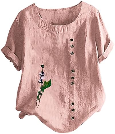 PANOEGSN Keten Düğme Aşağı Gömlek Kadın Yaz Artı Boyutu Bluzlar Kısa Kollu pamuk gömlekler Crewneck Çiçek Baskı Gevşek