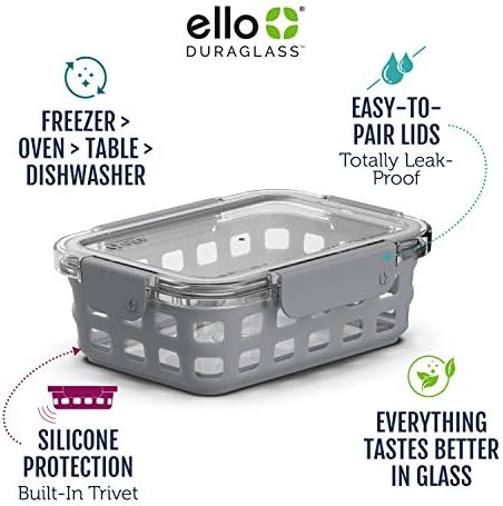 Ello Duraglass Yemek Hazırlama Setleri-Silikon Kollu ve Hava Geçirmez BPA İçermeyen Plastik Kapaklı Cam Gıda Saklama
