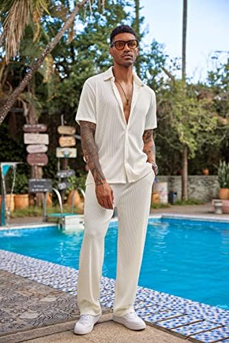 COOFANDY erkek 2 Parça Kıyafet Rahat Kısa Kollu Düğme Aşağı Gömlek Plaj Yaz Gevşek Pantolon Setleri