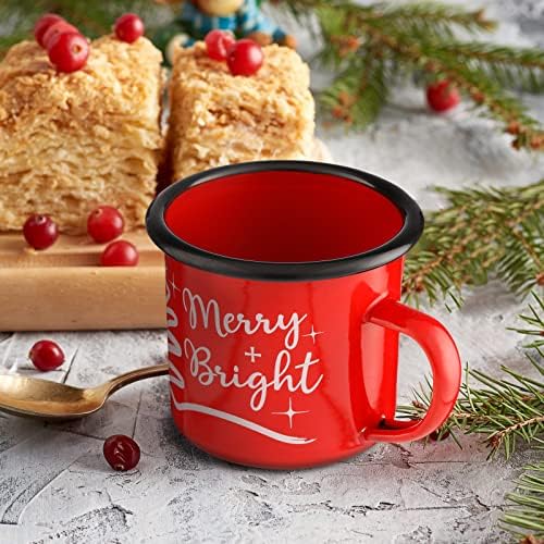 Potchen 2 Paket Noel Kupalar 12 Ons Noel Kırmızı Emaye Kupa Mutlu ve Parlak Santa Emaye Çay fincanları Noel Hediyesi