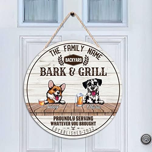 Mesllings Köpek Ahşap Kapı Işareti Bark & Grill Getirdiğiniz Her Şeye Yuvarlak Hizmet Yuvarlak Kapı Askı Işareti 16