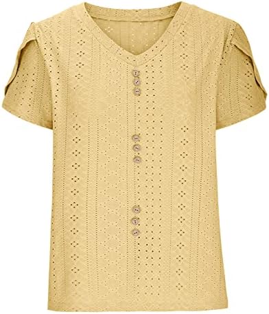 Kadın T-Shirt V Boyun Yaz Kuşgözü Petal Kollu Şık Casual Tops 2023 Moda Düz Renk Tee Gevşek Fit Bluz