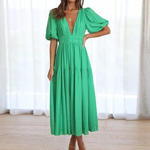 Maxi Elbiseler Kadınlar için Derin V Boyun Düz Sundress Kısa Puf Kollu Elastik Bel Plaj Elbise Dökümlü Yaz A-Line