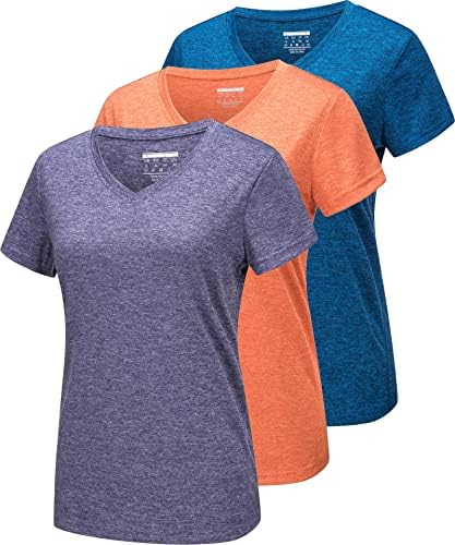MAGCOMSEN 3 Paket kadın kısa kollu tişört V Yaka Hızlı Kuru Atletik T Shirt Koşu Egzersiz Yoga Üst Tee Gömlek