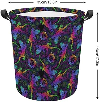 Renkli Bukalemun Baskılı çamaşır sepetleri Kolları ile Su Geçirmez Katlanabilir Yuvarlak Giysi Sepetleri Çanta Depolama
