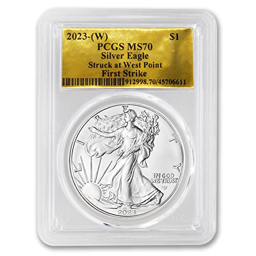 2023 (W) 1 oz Amerikan Gümüş Kartal Madeni Para MS-70 (West Point'te İlk Vuruş - Altın Folyo Etiket) $1 MS70 PCGS