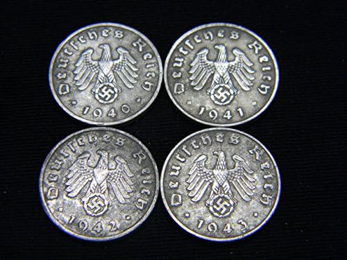 1940, 1941, 1942 ve 1943 Tarihli Dört (4) İkinci Dünya Savaşı Alman Reichspfennig Madeni Parası