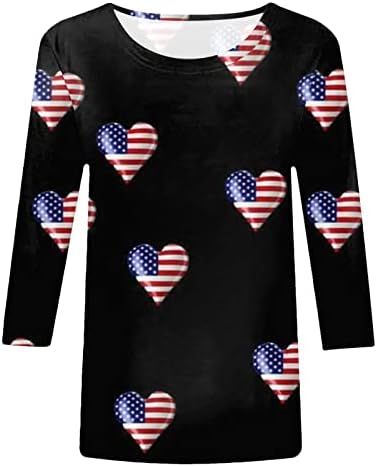 4th Temmuz Gömlek Kadınlar için ABD Bayrağı Yaz 3/4 Kollu Ekip Boyun Gömlek Dörtte Üçü Kollu Tatil Rahat Bluz Üst