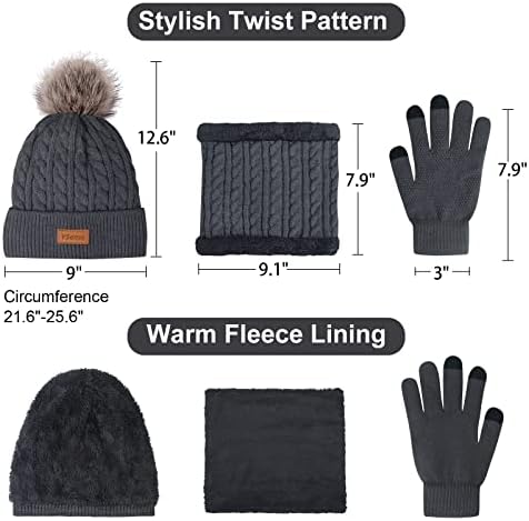 Kadınlar 3 in 1 Kış Şapka Eşarp Eldiven Seti Sıcak Polar Astarlı Örgü Bere Şapka Dokunmatik Eldiven ve Boyun İsıtıcı