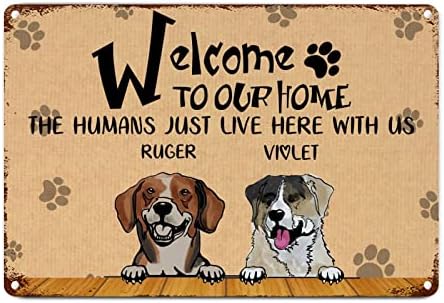 Alioyoit Komik Köpek Metal Tabela Plak Özel Köpekler Adı Evimize hoş geldiniz İnsanlar Burada bizimle Antik Pet Köpek