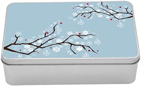 Ambesonne Karlı Ağaçlar Teneke Kutu, Kar Taneleri ile Ayrıntılı Dalların Noel Tasarımı, Kapaklı Taşınabilir Dikdörtgen