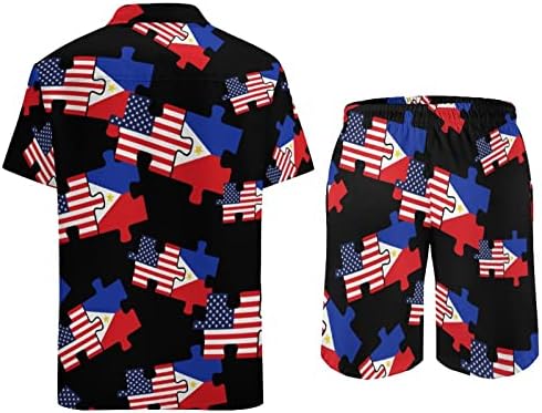 ABD ve Filipinler Bayrakları Bulmaca erkek 2 Parça Plaj Kıyafetleri Hawaii Düğme Aşağı Kısa Kollu Gömlek ve Şort Takım