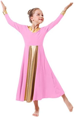 IBAKOM Kızlar Metalik Altın V Yaka Övgü dans elbiseleri Liturjik Kilise Gevşek Fit Tam Boy Renk Bloğu İbadet Giyim