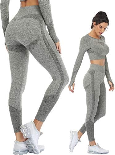 JOLLMONO Egzersiz Setleri Kadınlar için 2 Parça Yoga Spor Kıyafetleri Dikişsiz Nervürlü Tayt Uzun Kollu Üstleri