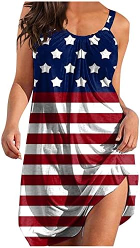 4th Temmuz Plaj Elbise Kadınlar için Yaz Casual Boho Elbise Amerikan Bayrağı Kolsuz Scoop Boyun Dökümlü Mini Yensiz