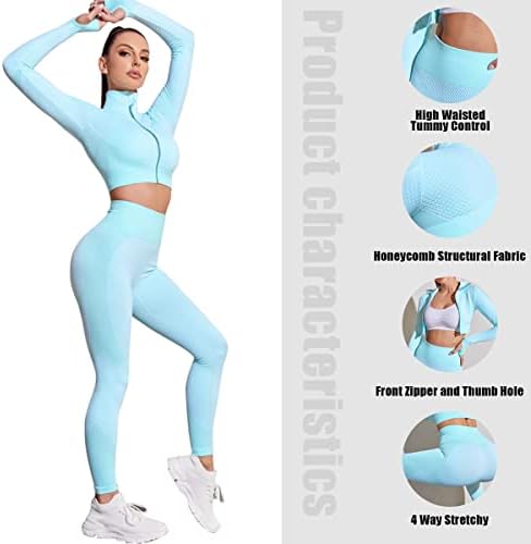 X-SNOW FALCON Kadın Egzersiz Setleri 2 Parça Kıyafetler Uzun Kollu Mahsul Dikişsiz Üstleri Yüksek Bel Yoga Spor Tayt