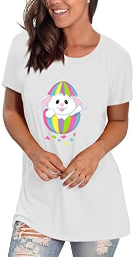 Paskalya Gömlek Kadınlar için Sevimli Tavşan Baskı Kısa Kollu Gömlek Tops Moda Rahat Crewneck Bluz Gevşek Fit Tunik