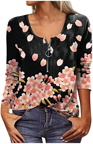 NOKMOPO Kadın oduncu gömleği Moda Rahat Çiçek Baskılı Yuvarlak Boyun Fermuar Uzun Kollu Üst Temel Örgü T Shirt