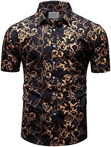 fohemr Erkek Lüks Kıyafet Seti Siyah Altın Gömlek ve Şort 2 Parça Zincir Baskı Seti Barok Düğme Aşağı Takım Elbise