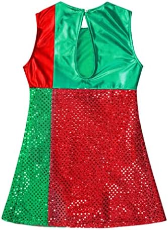 Daenrui Çocuk Kız Parlak Sequins Noel Dans Elbise Çizgili Renk Blok Leoatd Sahne Performansı Kostüm