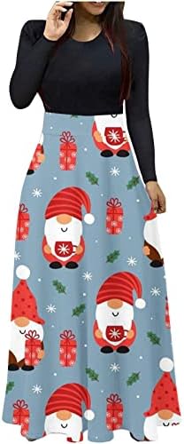 TIFZHADIAO Bayan Noel Maxi Elbiseler Noel Baskılı Yüksek Bel uzun elbise Uzun Kollu İmparatorluğu Bel Tam Boy Maxi