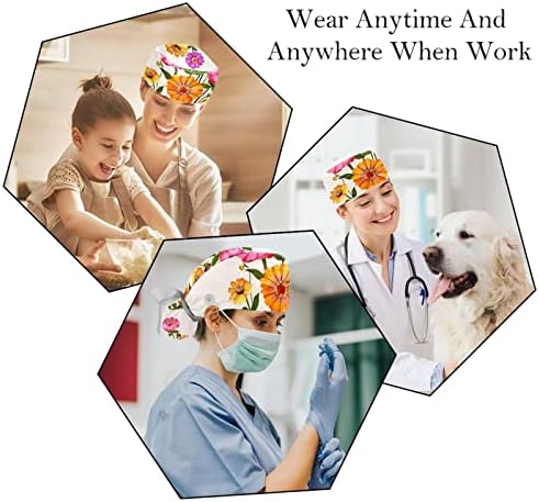 Çalışma Şapka Düğmeleri ve Kurdele Bağları Kadınlar için 2 Paket, Beyaz Çiçekler Pembe Ayarlanabilir Unisex Cerrahi