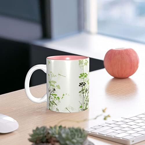 Yeşillik ve Otlar Yusufçuk Kanatlı Kahve Kupaları 11 OZ Seramik Kupa Ofis ve Ev için Su Çay Kupa Bardak içinde Pembe
