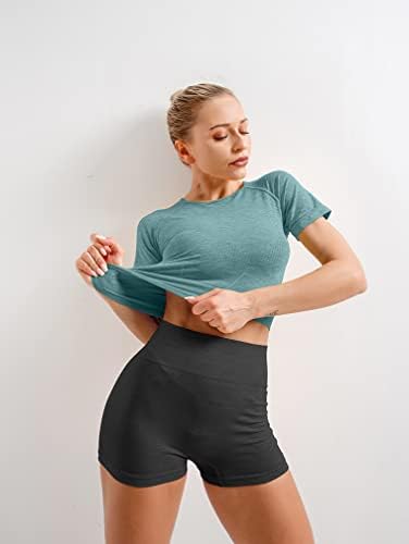 HYZ Kadınlar Egzersiz 3 Parça Setleri Dikişsiz Yoga Kırpma Üstleri Spor Koşu Spor Kısa Kollu Atletik Gömlek