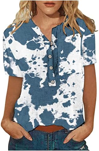 Yaz Üstleri Kadınlar için Pamuk Keten Düğme Aşağı T-Shirt Casual Rahat Bluz Kısa Kollu Baskı Grafik Tees Gömlek Cep