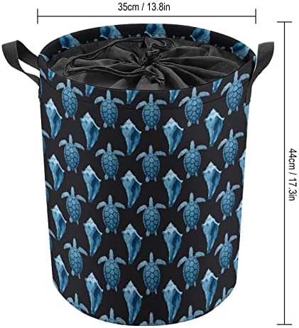 Mavi Deniz Kaplumbağaları kabuklu deniz hayvanı kabuğu 42L Yuvarlak çamaşır sepeti Katlanabilir Giysi Sepetleri İpli