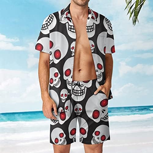 Kırmızı Gözler Kafatasları Erkekler 2 Parça Hawaii Seti Düğmeli Kısa Kollu Gömlek plaj pantolonları Gevşek Fit Tees
