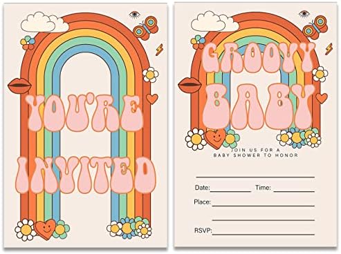 Groovy Retro Bebek Duş Parti Davetiyeleri Zarflar ile 20 Set Renkli 70s Hippi Gökkuşağı Bebek Duş Parti Davetiyeleri