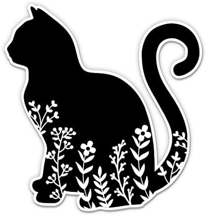 Çiçek Kedi Güzel Siyah Etiket-3 laptop etiketi - Su Geçirmez Vinil Araba, Telefon, Su Şişesi-Kitty Kedi Sevimli Şekil