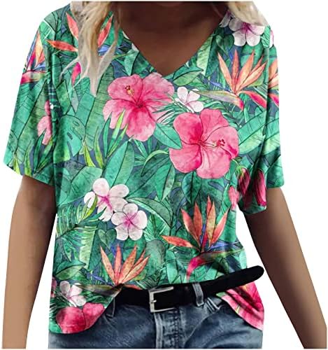 Tişört Bayan Kısa Kollu %2023 Pamuk Crewneck V Boyun Çiçek Grafik Mutlu Hediye Salonu Üst Tshirt Bayanlar için 1O