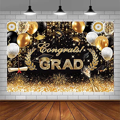 AIBIIN 7x5ft Tebrikler Grad Zemin Siyah Altın Glitter Mezuniyet Fotoğraf Arka Plan Sınıfı 2023 Kutlama Balo Parti