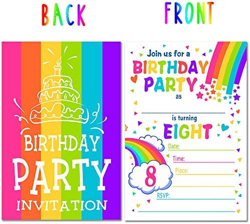 ukebobo Gökkuşağı Çocuğun 8. Doğum Günü Partisi için Mutlu Yıllar Partisi Davetiyeleri – Çocuklar için Zarflı Renkli