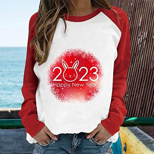 2023 Kadın Raglan Crewneck Üstleri Sevimli Tavşan Baskı Tişörtü Üst Uzun Kollu Renk Bloğu Kazak Sevimli Sonbahar Giysileri