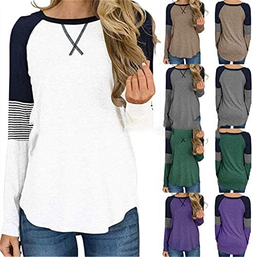 Andongnywell Bayan Renk Blok T Shirt Casual Çizgili Uzun Kollu Tunik Üstleri Yuvarlak Boyun Gevşek üst Bluz