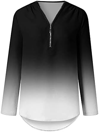 Yaz Tunik Üstleri Kadınlar için Fermuar V Boyun Degrade T-Shirt Roll Up Kollu Bluz 2023 Rahat Şık Gömlek