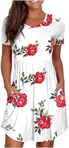 lczıwo kadın Çiçek Baskı Salıncak T-Shirt Elbise Rahat Rahat Ayçiçeği Flowy Sevimli Tunik Plaj Elbiseleri Cepler ile