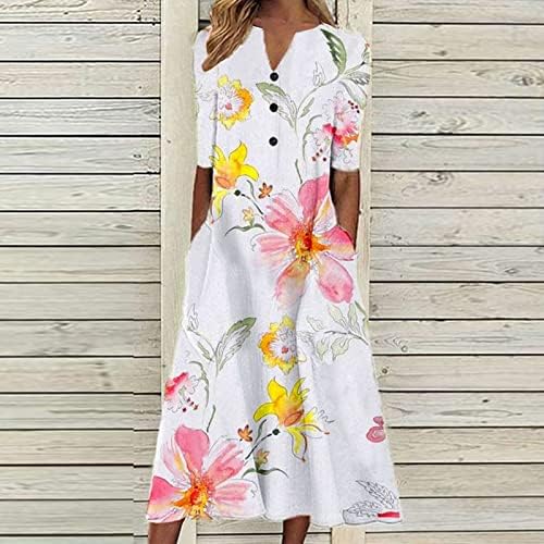 Maxi Elbise Kadınlar için Rahat Kısa Kollu V Boyun Sundress Çiçek Baskı Yaz Gevşek Fit uzun elbise Cepler ile