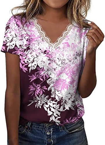 Yazlık gömlek Kadınlar için Moda Kısa Kollu Dantel V Yaka Çiçek Grafik Gömlek Raglan Tshirt Şık Tunik Gömlek S-2X