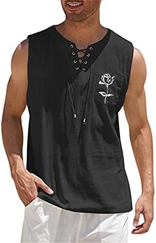 XXBR Erkek Pamuk Keten Kolsuz Gömlek İpli V Boyun Gül Baskı Tankı Üstleri Rahat Fit Plaj Hippi Rahat Yelek